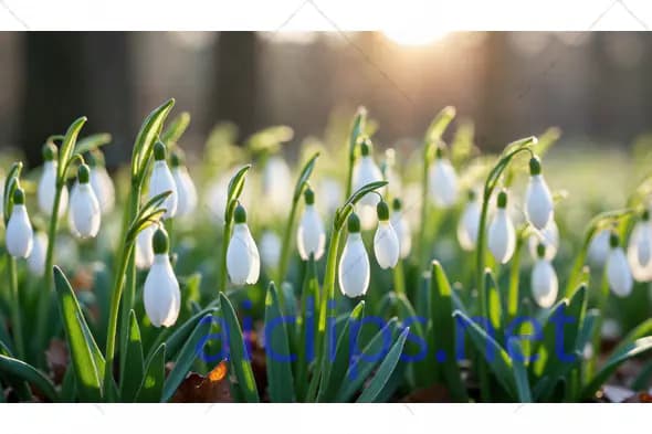 Blooming Snowdrops in Early Spring Forest