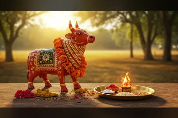 Red Decorated Bull Idol with Fire Pooja Thali in Morning Village Backdrop | AIClips Festive Rituals