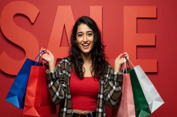 Joyful Shopper with Bags Against Red SALE Background