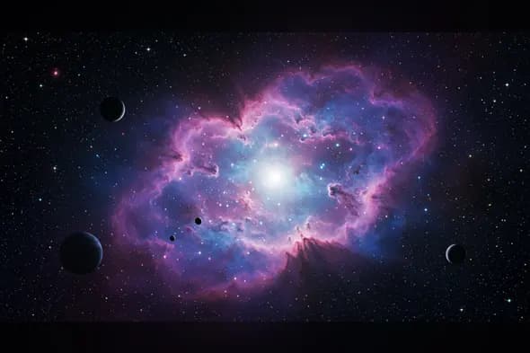 Radiant Nebula Burst with Orbiting Planets in Deep Space