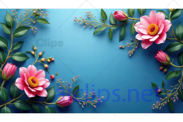 Pink Floral Border on Blue Background