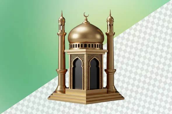 Golden mosque model with dome and minarets