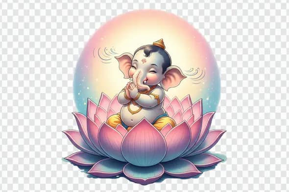 Cheerful Baby Ganesha on Lotus Flower PNG