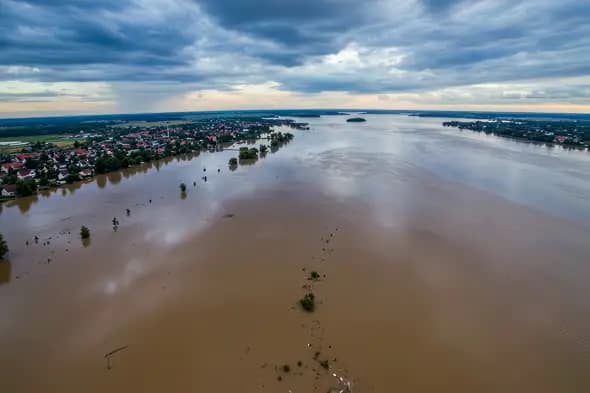Aerial View Flooded River Swollen Waters Cityscape