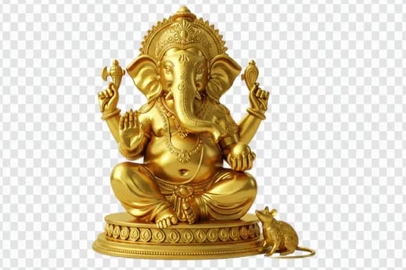 Golden Ganesha Statue with Mouse Companion PNG