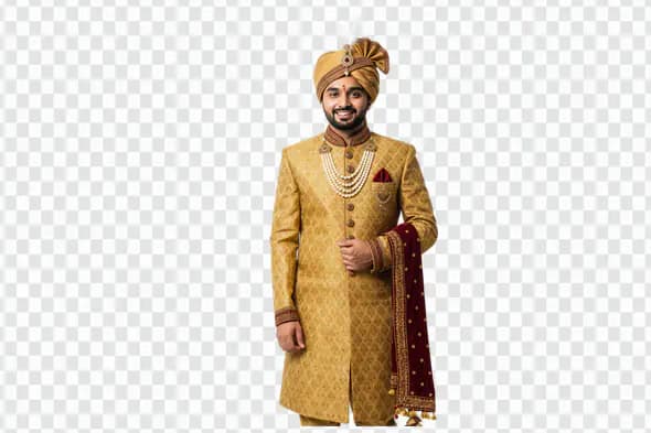 Traditional Indian Groom Attire Golden Sherwani PNG