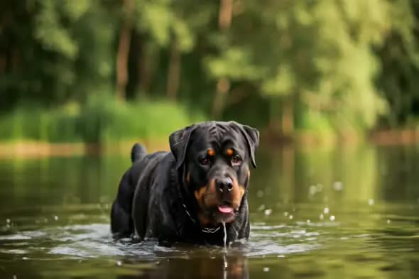 Rottweiler Swimming in Serene Lake