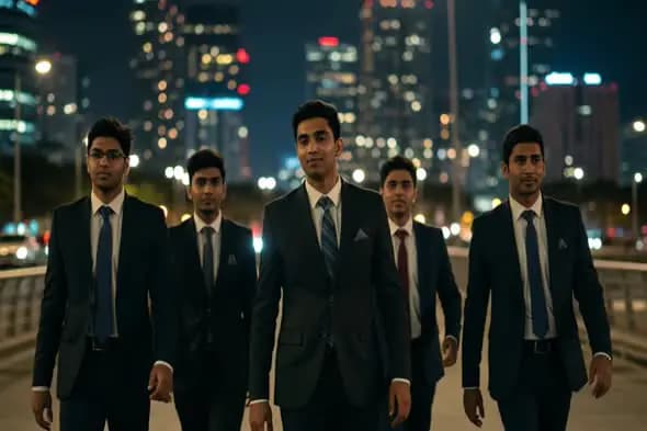 Indian Businessmen Walking Confidently on City Street at Night
