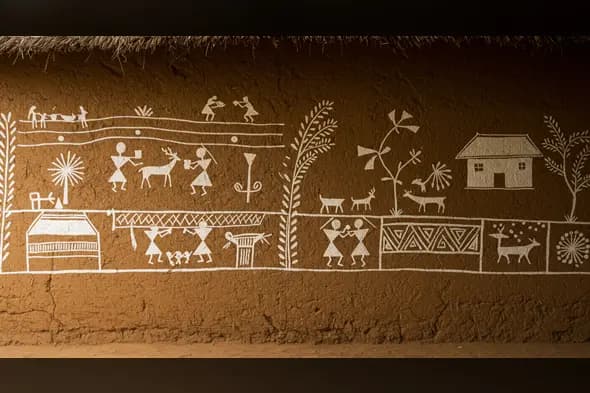 Tribal Warli Art on Village Wall | Authentic Indian Folk Culture by AIClips