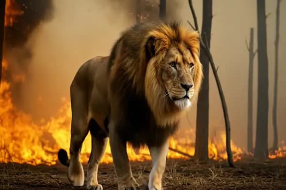 Lion in the Wild During a Forest Fire