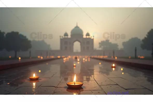 Lit Diyas Leading to Taj Mahal at Dusk