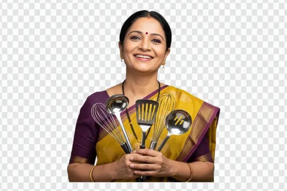 Smiling Indian Woman Holding Kitchen Utensils Clipart PNG