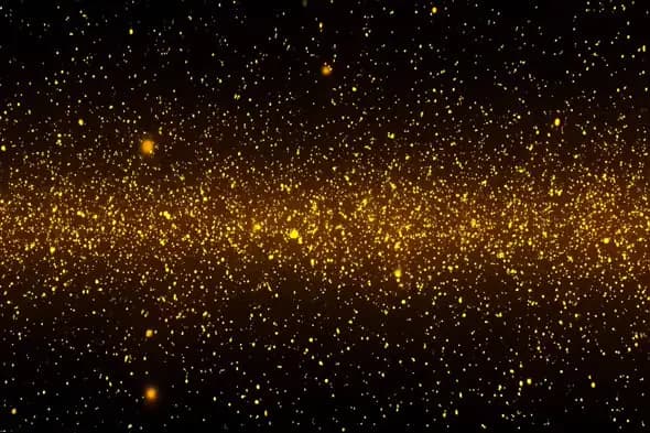 Shimmering Golden Particles Floating in Dark Space Background
