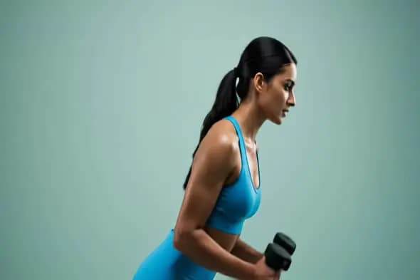 Focused Indian Woman in Blue Gymwear Performing Dumbbell Row