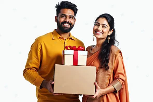 Cheerful Indian Couple with Gift Boxes