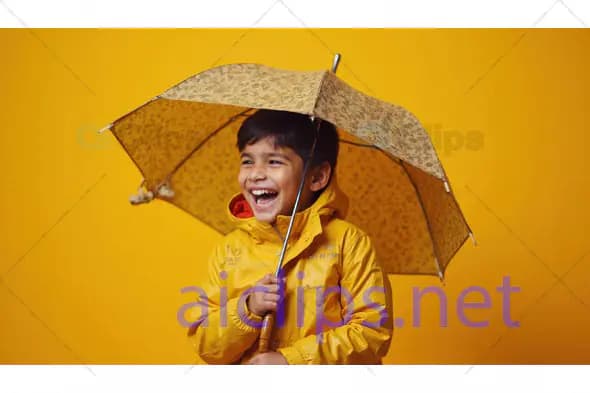 Happy Child with Umbrella on Yellow Background