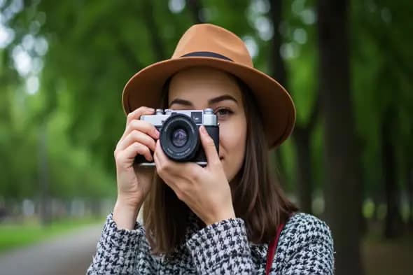 Chic Photographer in Forest Setting