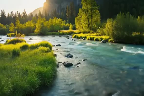 Tranquil Mountain Stream Flowing Through Sunlit Forest Landscape