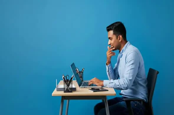 Focused Indian Man Working on Laptop at Desk – Blue Background
