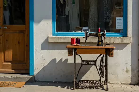 Old-School Tailoring Shopfront with Vintage Sewing Machine