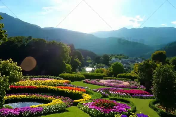 Blooming Flower Garden with Scenic Mountain View at Sunrise