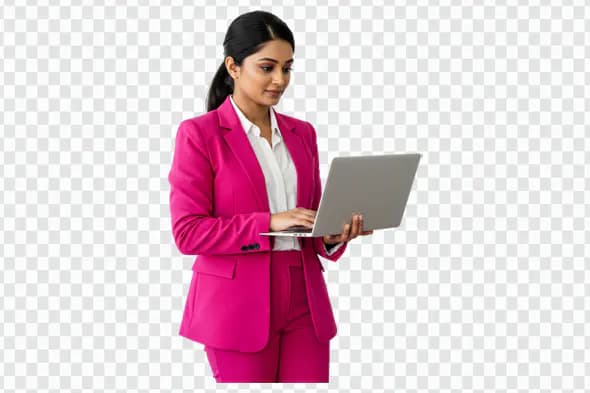 Confident Businesswoman in Pink Suit Using Laptop PNG