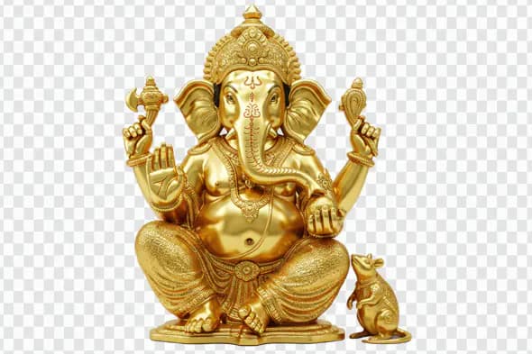 Golden Ganesha Statue with Devoted Mouse PNG