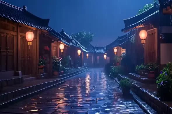 Rainy Night Ancient Chinese Street Atmospheric Lantern Reflections