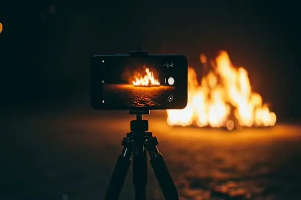 Smartphone Capturing Campfire at Night