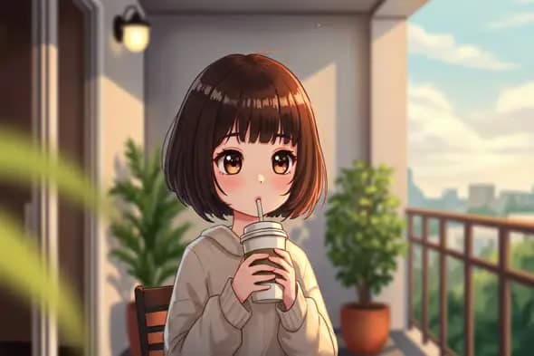 Anime Girl Sipping Drink on Balcony