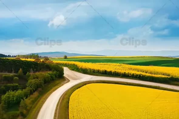 Aerial View of Golden Canola Fields and Winding Country Road