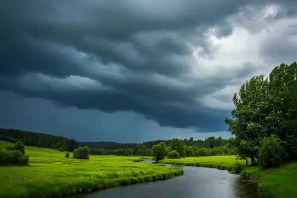 Dramatic Storm Clouds Gather Over Peaceful Countryside River