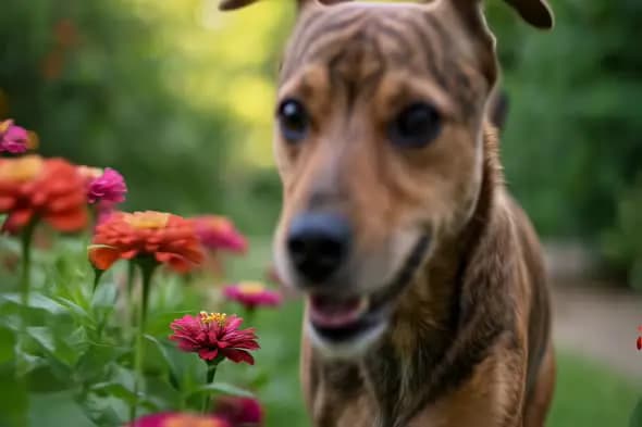 Adorable Canine Exploring Vibrant Garden Floral Setting
