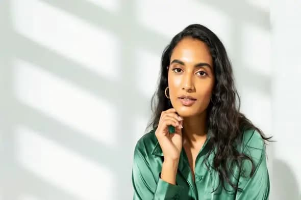 Portrait of Indian Woman in Green Satin Shirt