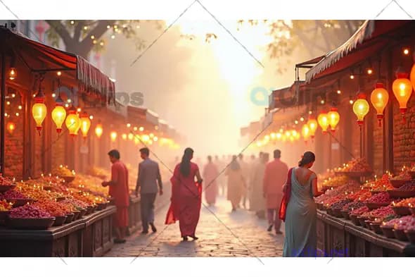 Traditional Indian Street Market at Sunset with Lanterns