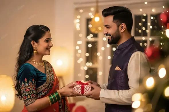Joyful Gift Exchange in Traditional Attire