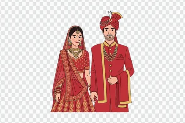 Illustrated Indian Wedding Couple in Red Attire PNG