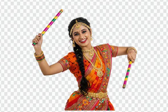 Joyful Indian Woman Dancer with Dandiya Sticks PNG