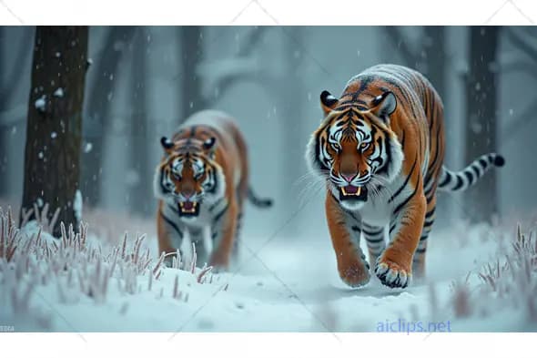 Bengal Tigers Stalking Through Snowy Forest