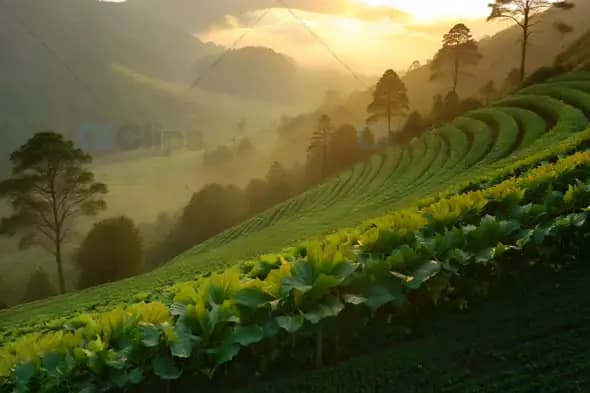 Terraced Hillside Farm at Sunrise with Misty Valley