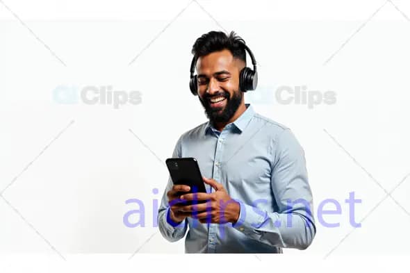 Smiling Man Using Smartphone with Headphones