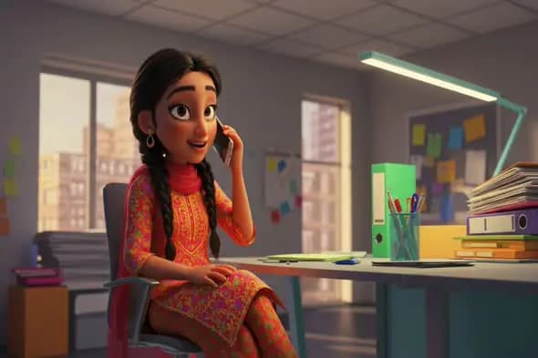 Animated South Asian expert-level in Modern Office