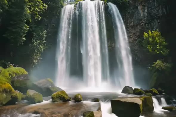 Majestic Waterfall Cascading Through Lush Forest Landscape