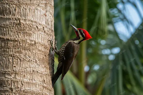 Crimson-Crested Woodpecker on Palm Tree
