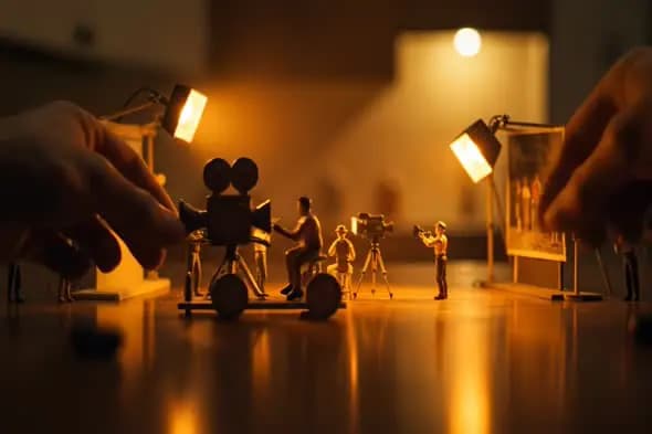 Miniature Film Crew Creating a Cinematic Set