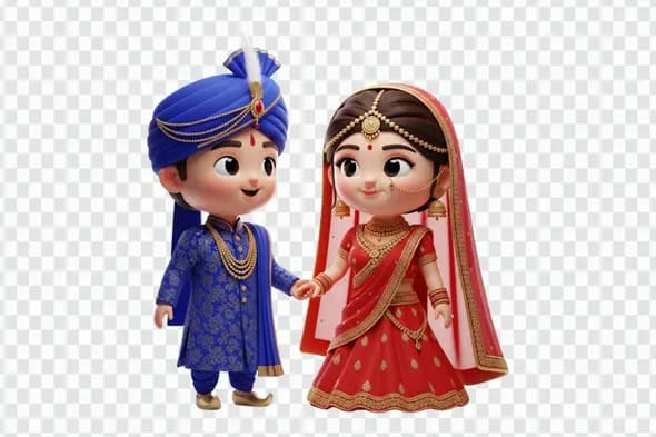 Adorable Indian Wedding Couple in Traditional Attire Clipart PNG