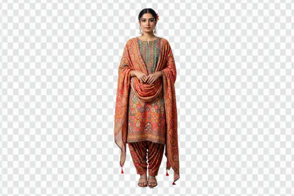 Elegant Woman in Colorful Patiala Suit PNG