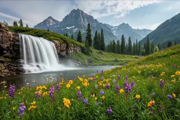 Majestic Alpine Waterfall Surrounded by Wildflower Meadow