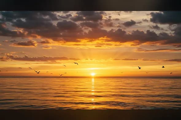 Golden Ocean Sunrise with Birds and Sunrays – Peaceful Sky Background