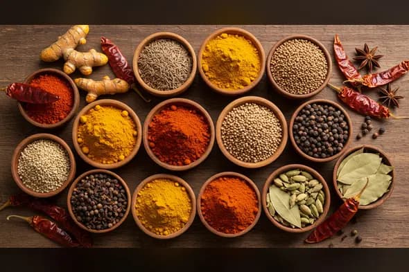 Top View of Assorted Indian Masala Spices in Wooden Bowls | Herbal & Culinary Collection | AIClips